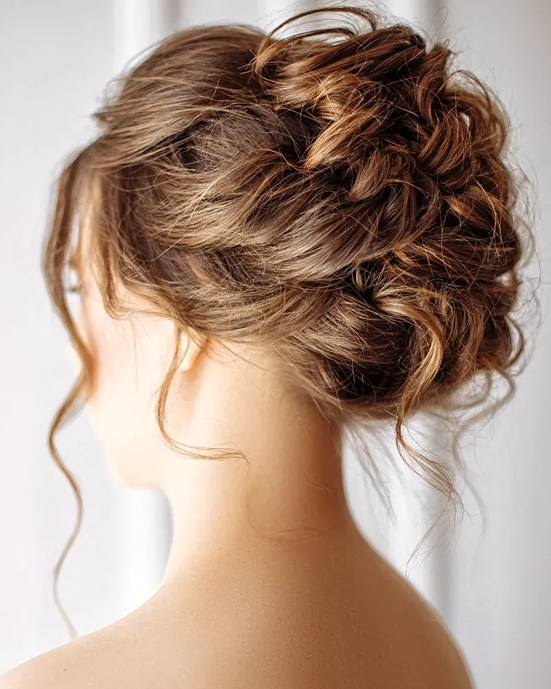 Classic wedding updo with braided detail, rear view