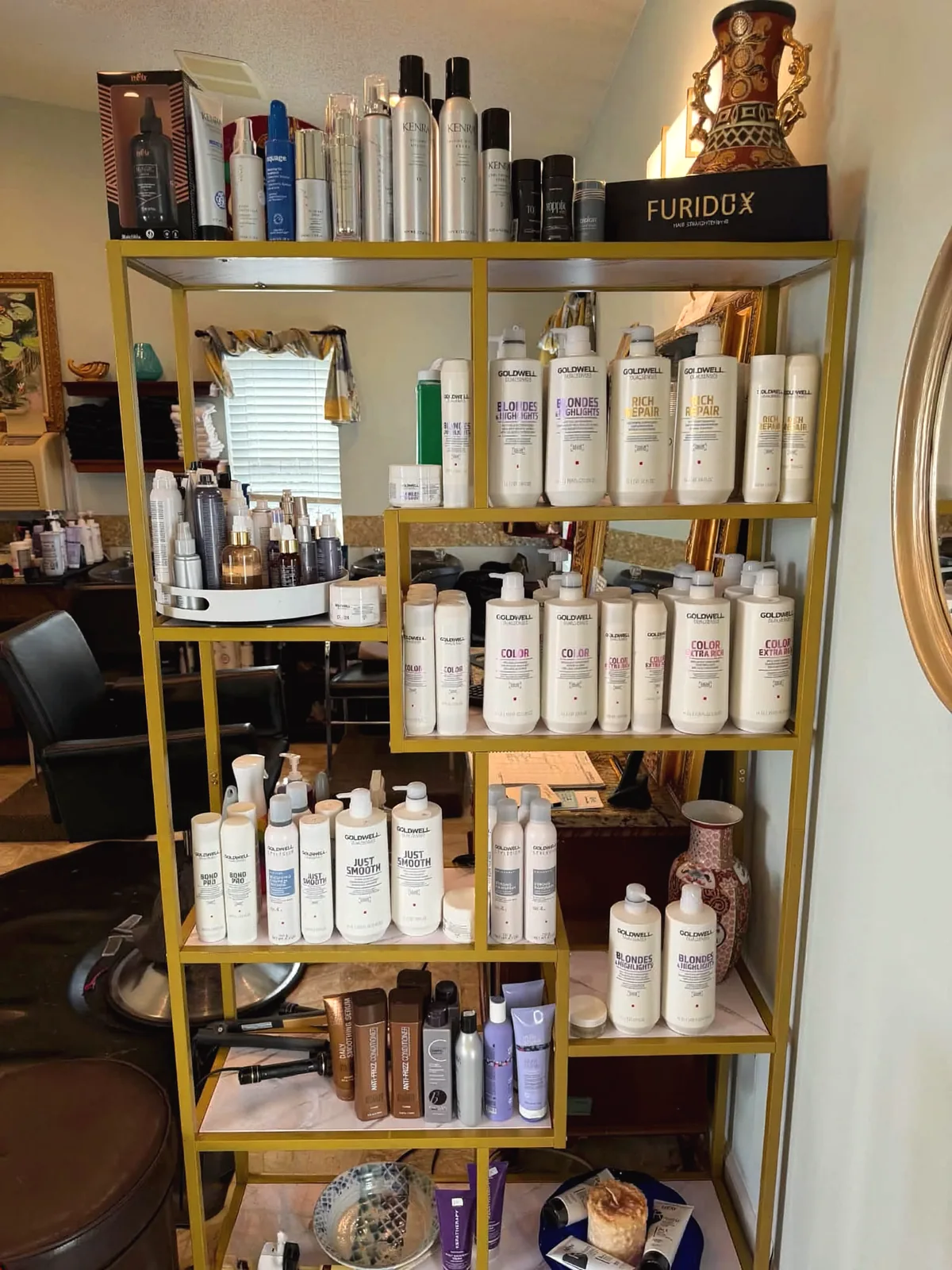 Goldwell and Kenra Professional products on the retail shelf at Jeannie's Hair Care Studio, Charleston, WV